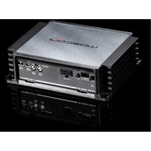 Mosconi Gladen Pico 4 car amplifier with brushed aluminum enclosure and ridged side heat sinks.