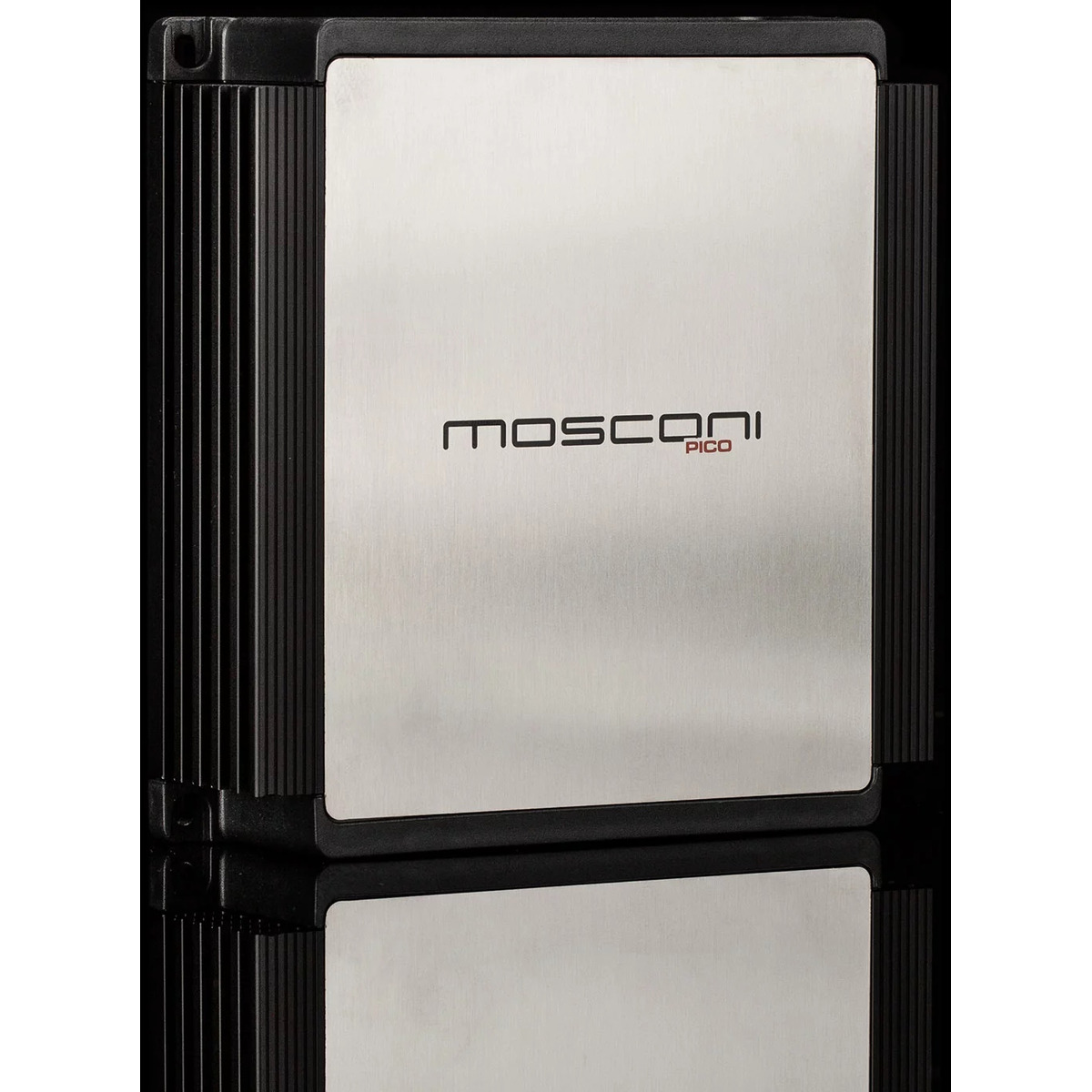 Mosconi Pico-4-8-Dsp Mosconi pico car amplifier with brushed aluminum front and black ribbed side panels.