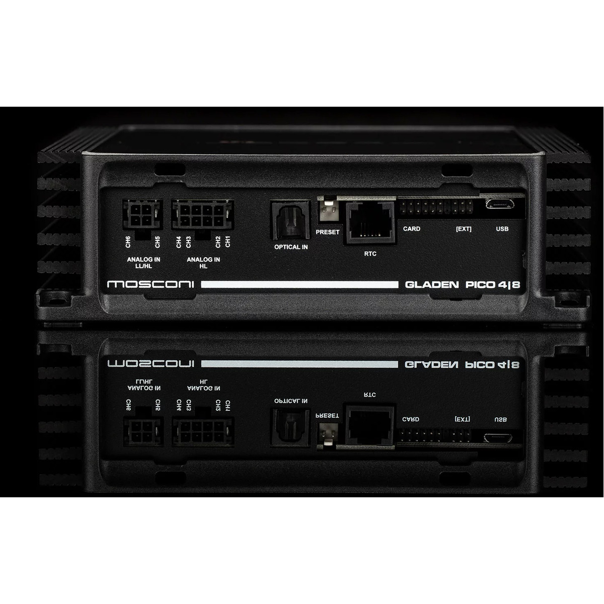 Mosconi Pico-4-8-Dsp Mosconi gladen pico 4/8 car audio amplifier with analog and optical inputs, preset, rtc, and usb ports.