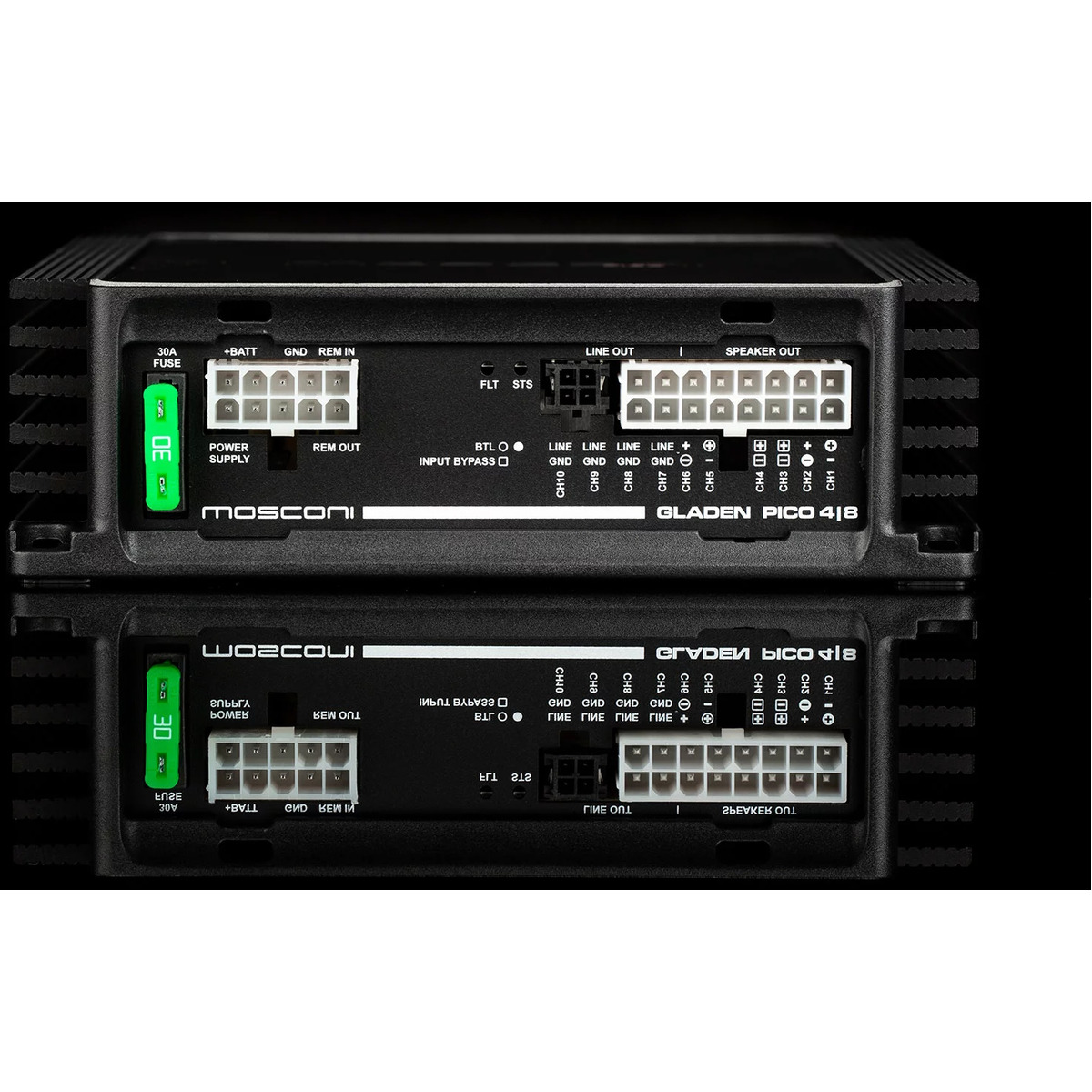 Mosconi Pico-4-8-Dsp Mosconi gladen pico 4/8 car amplifier module with battery, ground, remote, line and speaker output connectors and a 30a fuse.