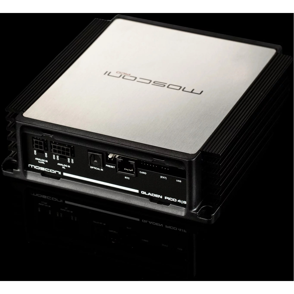 Mosconi Pico-4-8-Dsp Gladen pico 418 car amplifier with mosconi branding, brushed aluminum top, black ribbed heatsink, front i/o panel.