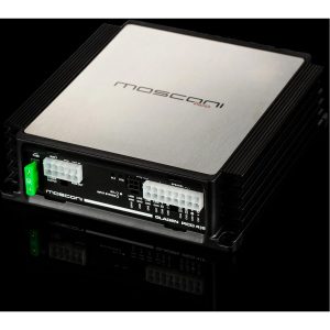 Mosconi Pico car amplifier with brushed aluminum top, black heatsink, and white multi-pin connectors.