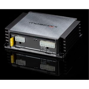 Mosconi Gladen Pico 618 OEM amplifier with brushed aluminum top and ribbed heat sink and multiple power and speaker connectors.