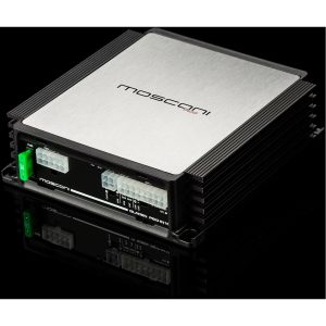 Mosconi Pico car amplifier with aluminum top, black finned heatsink, and white multi-pin connectors.