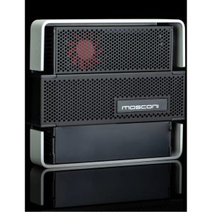 Mosconi car audio amplifier with perforated metal front, dual modules, and a MOSCONI badge.