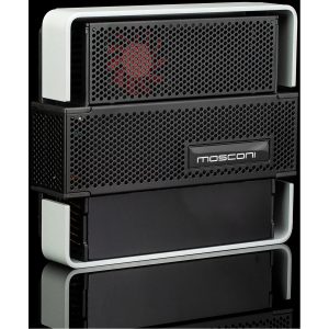 Mosconi car amplifier with perforated black grille, red cooling fan, and silver frame.