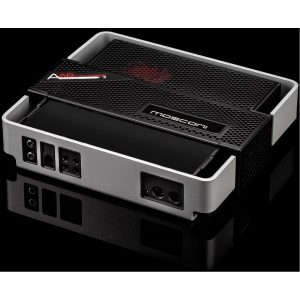 Mosconi AAB advanced output stage car amplifier module with perforated heatsink in a gray chassis.