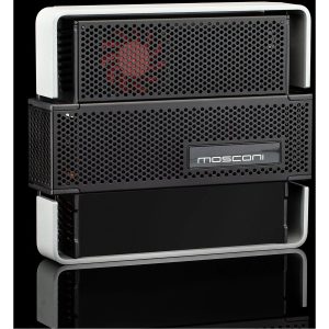 Mosconi audio amplifier stack with perforated front panels, red cooling fan visible, white outer frame.