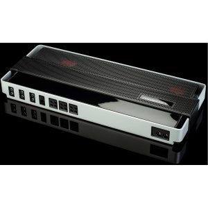 Mosconi car audio amplifier with perforated metal top, red fans visible through mesh, and side input/output connectors.