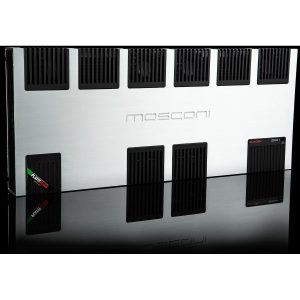 Mosconi car amplifier with brushed aluminum housing and multiple black heat-sink fins on the rear panel.