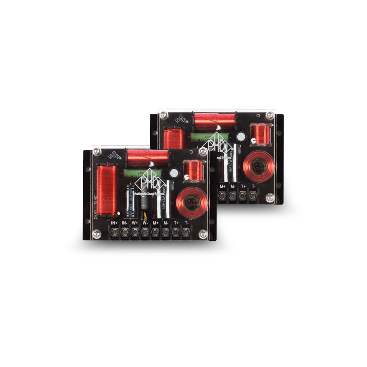Phd Audio Cf6.3Kit Pair of black audio crossover boards featuring red inductors, green capacitors, and screw-terminal connections.
