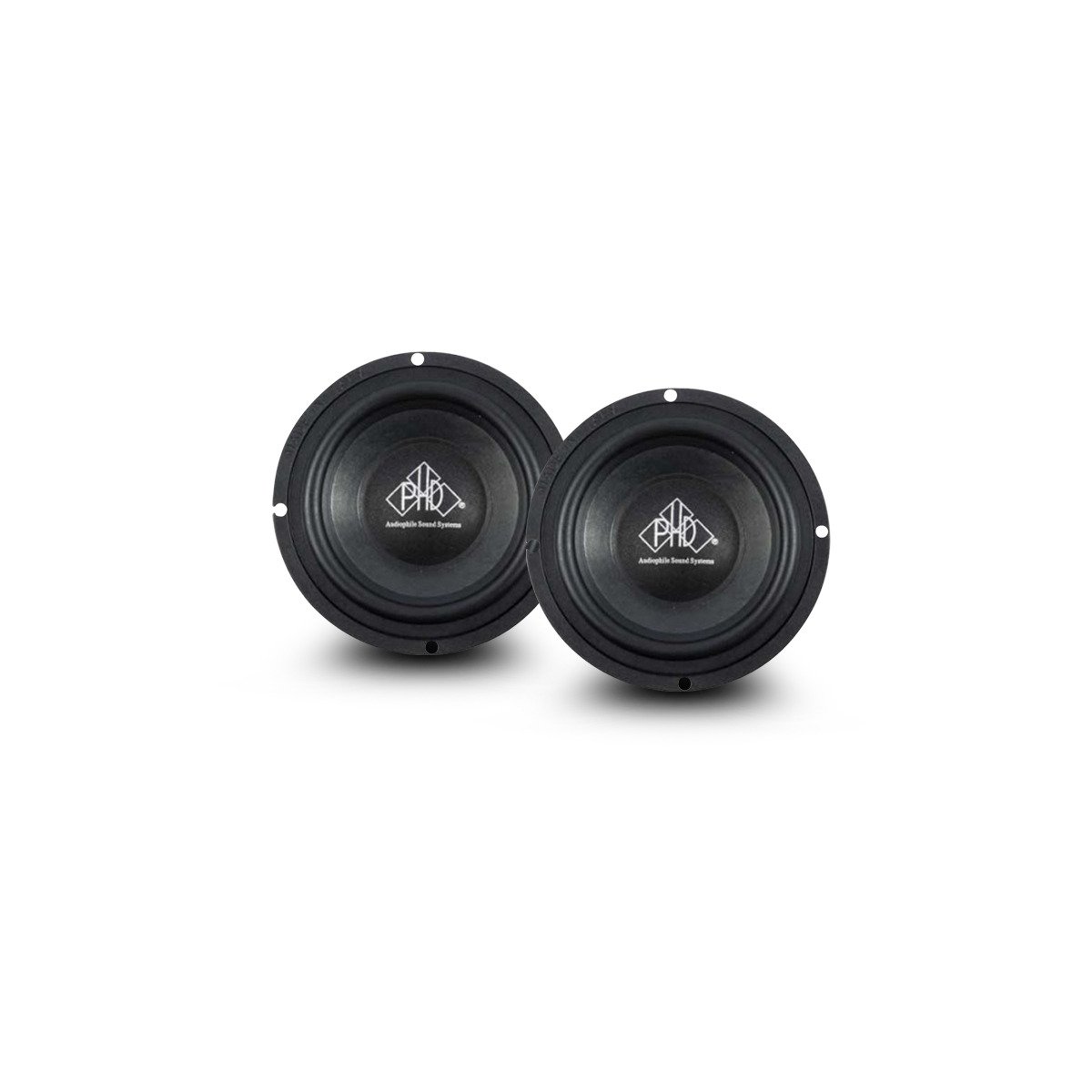 Phd Audio Cf6.3Kit Pair of black round car speakers with center-cap logos and mounting holes.