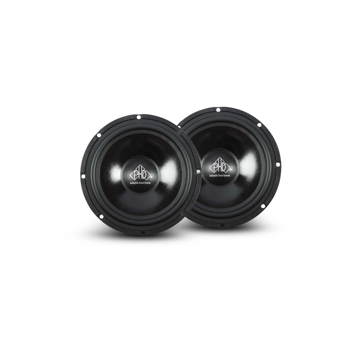 Phd Audio Cf6.3Kit Pair of black audible sound systems subwoofers with rubber surround and center logo dust caps.