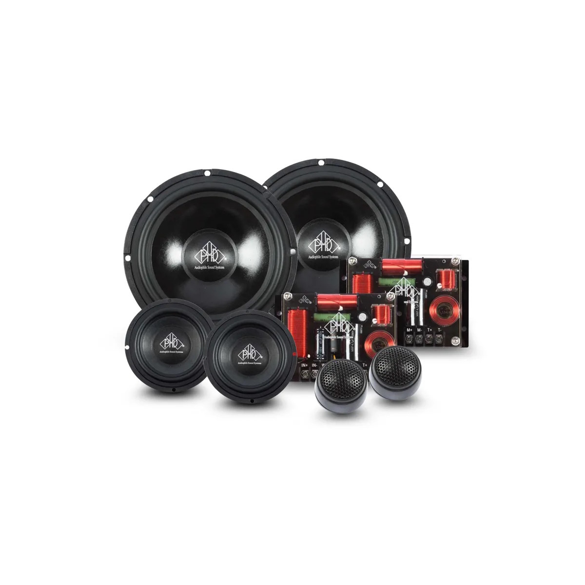 Phd Audio Cf6.3Kit Adaptive sound systems car audio component speaker kit with two large woofers, two midrange drivers, two tweeters, and crossovers.