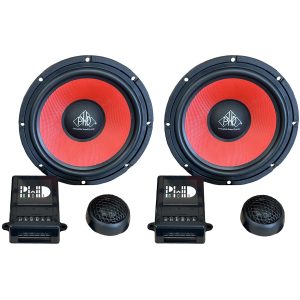 Pair of PHD Audiophile Sound Systems red-cone car subwoofers with crossovers and protective mesh grills.
