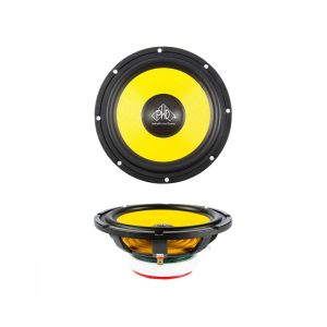 Audiophile Sound Systems yellow cone woofer with black surround and mounting holes, shown from front and back.