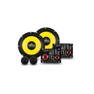 Speaker kit with two yellow-cone woofers, crossover boards, and two mesh-covered tweeters.