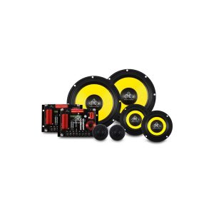 Car audio speaker kit with yellow cone woofers, crossovers, and tweeters.