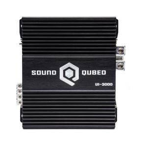 SoundQubed U1-3000 car amplifier with black anodized aluminum case and ribbed heatsink.