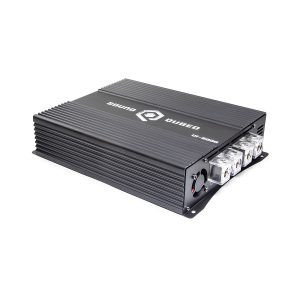 Qubed Sound VR-5000 car amplifier with ribbed aluminum heatsink and clear terminal blocks.