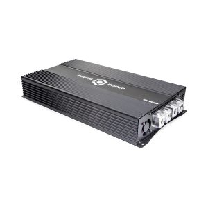 Sound Qube VR-8000 car amplifier with ribbed aluminum heatsink, four terminal blocks, and cooling fan.