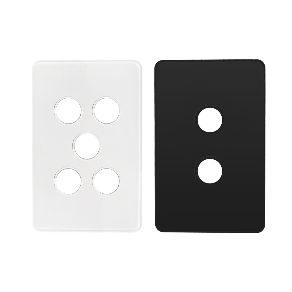 Kasta Hesperus Unison Grid Plate 2 Gang Cover And Button Caps Pair of wall plates: white five-hole plate and black two-hole plate with rounded corners.