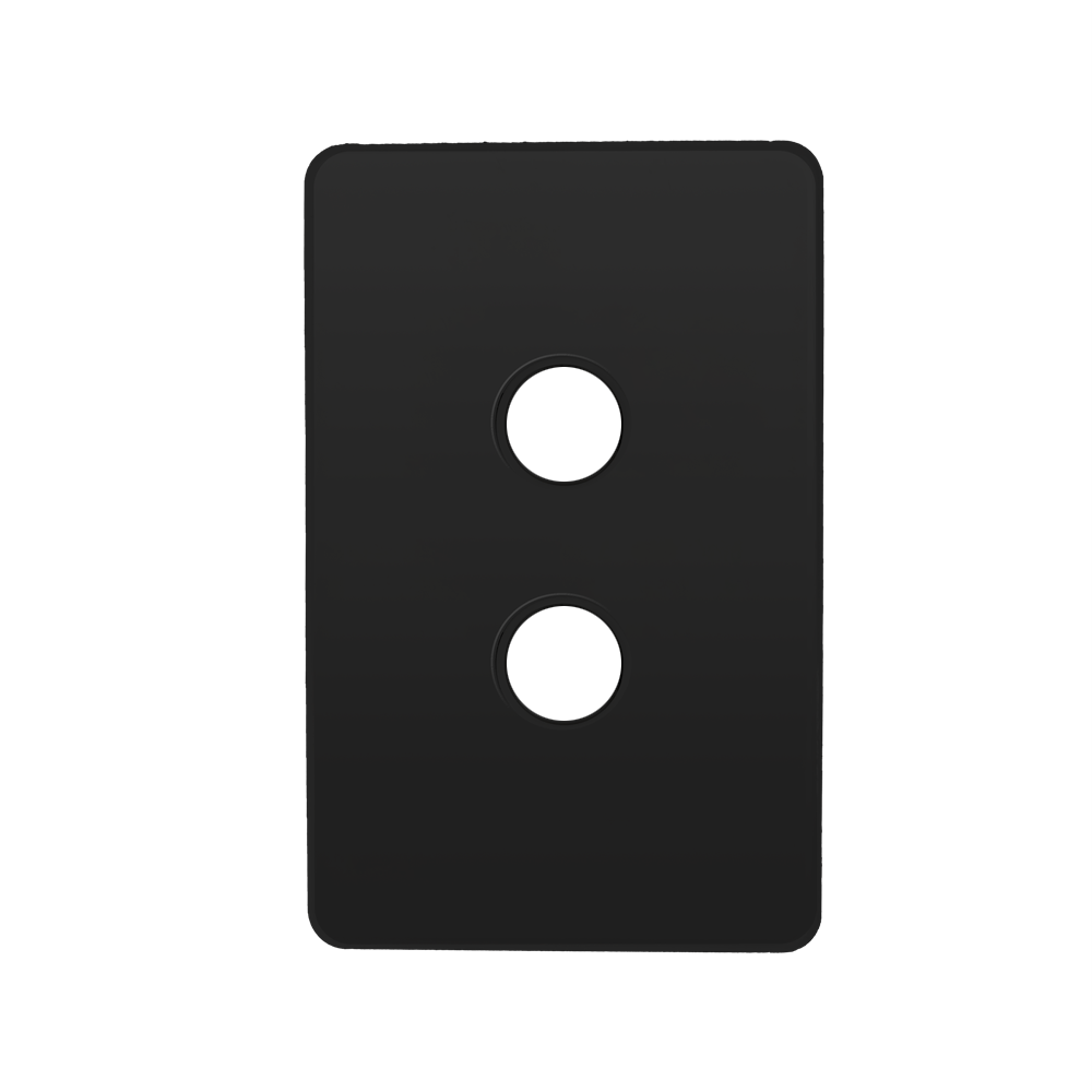 Kasta Hesperus Unison Grid Plate 2 Gang Cover And Button Caps Black two-gang wall plate with two circular push-button openings