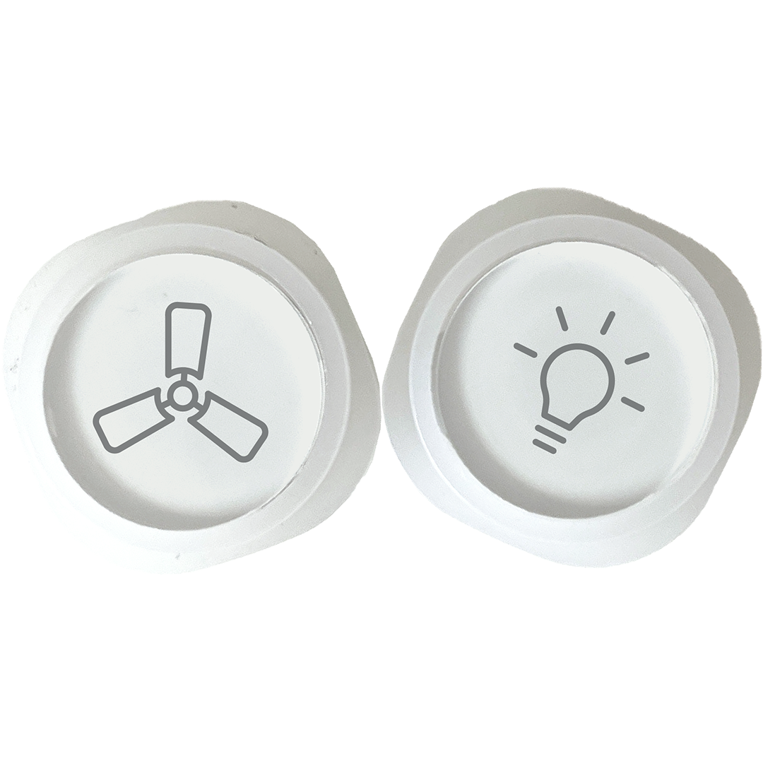Kasta Pictogram Garage Button Cap Pair of white circular control knobs with fan and light bulb icons.