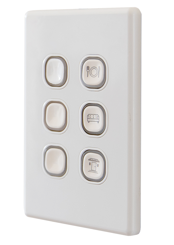 Kasta Pictogram Garage Button Cap White six-button wall-mounted control panel with rounded buttons; right column icons depict dining, sofa, storefront.