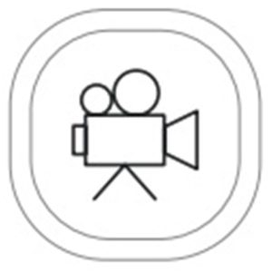 Icon of a video camera on a tripod with two circular film reels, inside rounded square border