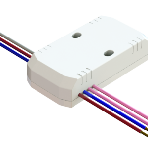 White plastic electronic module with two top mounting holes and color-coded wires exiting from both sides.