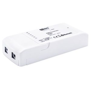 White Bluetooth module in a plastic enclosure with two terminal connectors on one end.