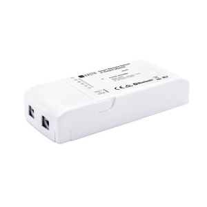 White Bluetooth-enabled power module with two terminal connectors and printed specifications.