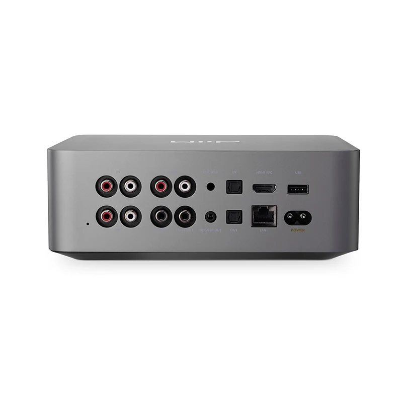 Wiim Ultra Wireless Audio Streamer And Digital Hub Back panel of a gray av capture device with multiple rca inputs, usb, lan, hdmi, and power connector.