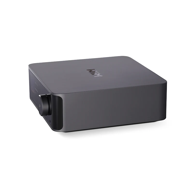 Wiim Ultra Wireless Audio Streamer And Digital Hub Dark gray compact dac/amp with a prominent left-side knob and rounded corners.