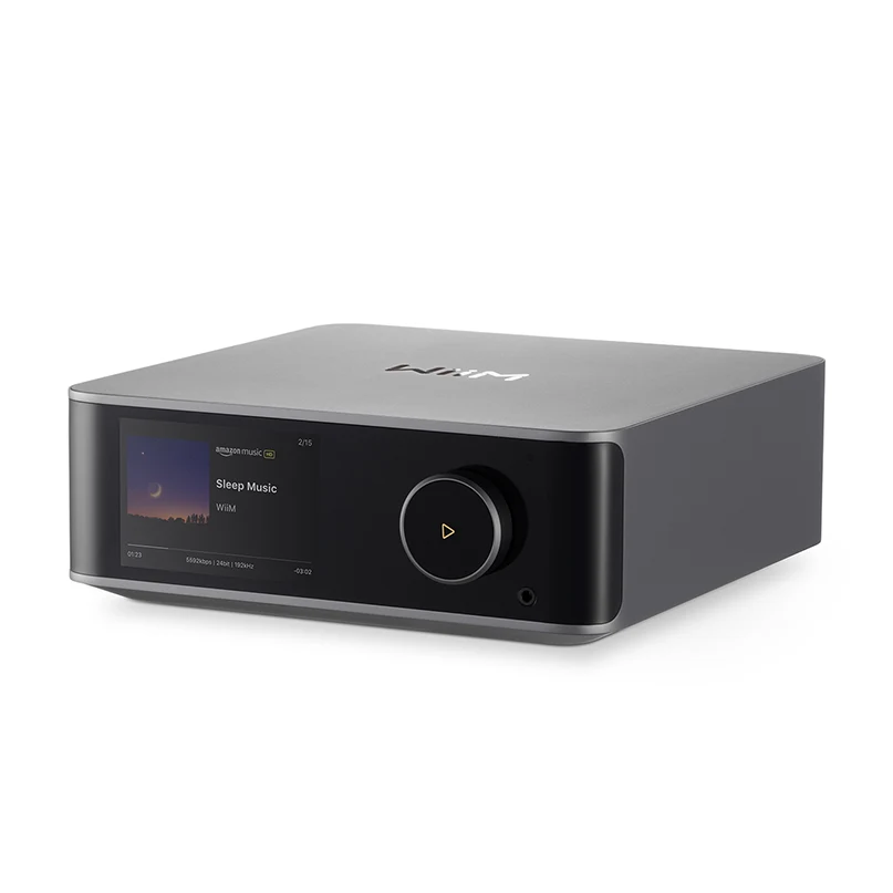 Wiim Ultra Wireless Audio Streamer And Digital Hub Naim uniti atom streaming amplifier with a black front panel, large volume knob, and a display.