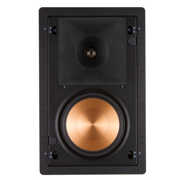 Klipsch Pro-160Rpw In-Wall Speaker Black rectangular speaker with copper woofer and horn tweeter in a recessed frame.