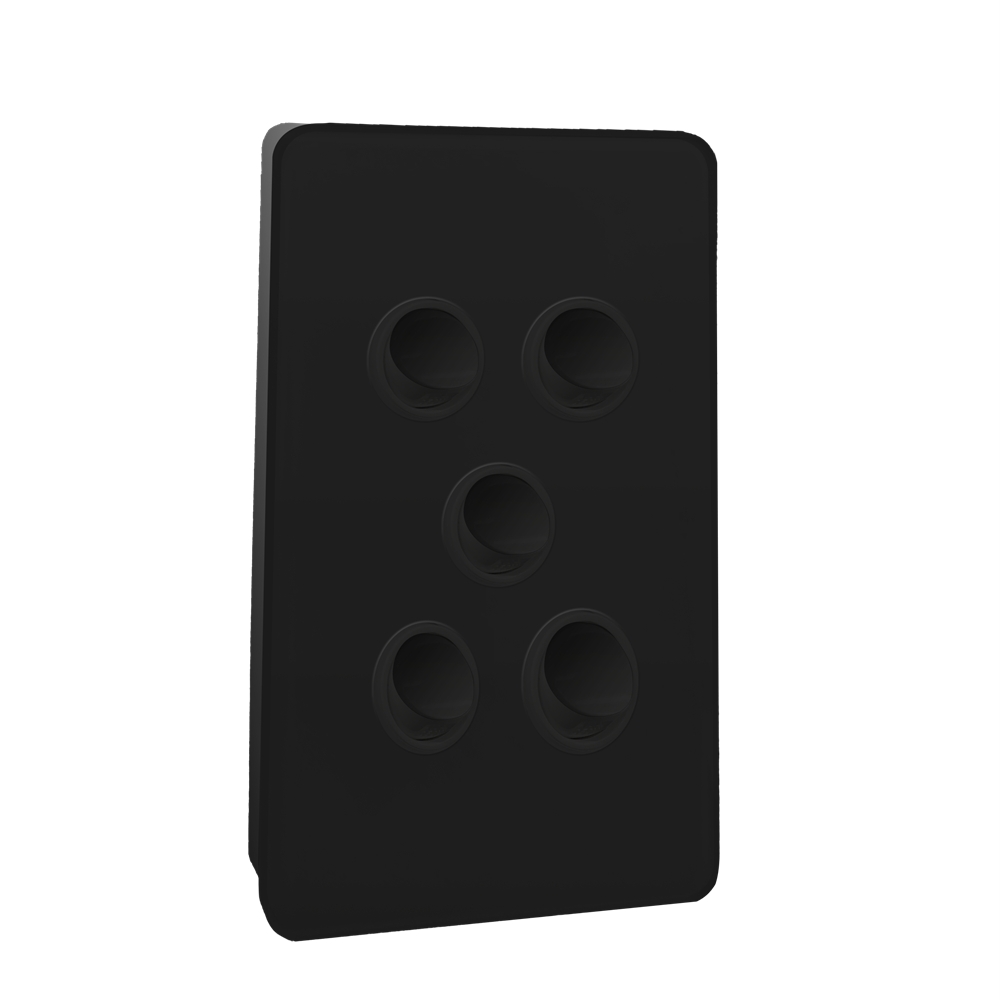 Kasta 240V 5 Gang Unison Rocker Switch Vertical Black rectangular wall plate with rounded corners and five recessed circular holes arranged in a 2-1-2 pattern.