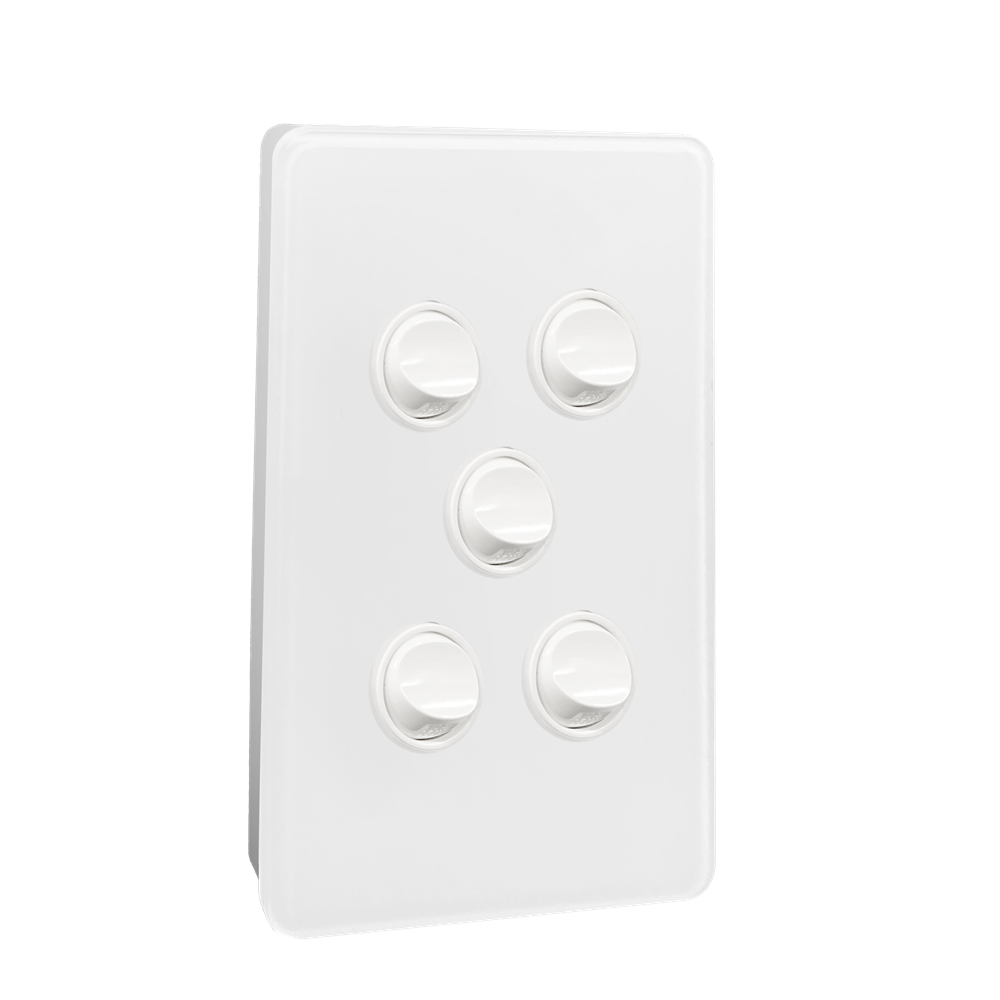 Kasta 240V 5 Gang Unison Rocker Switch Vertical White wall plate with five circular rotary dimmer switches