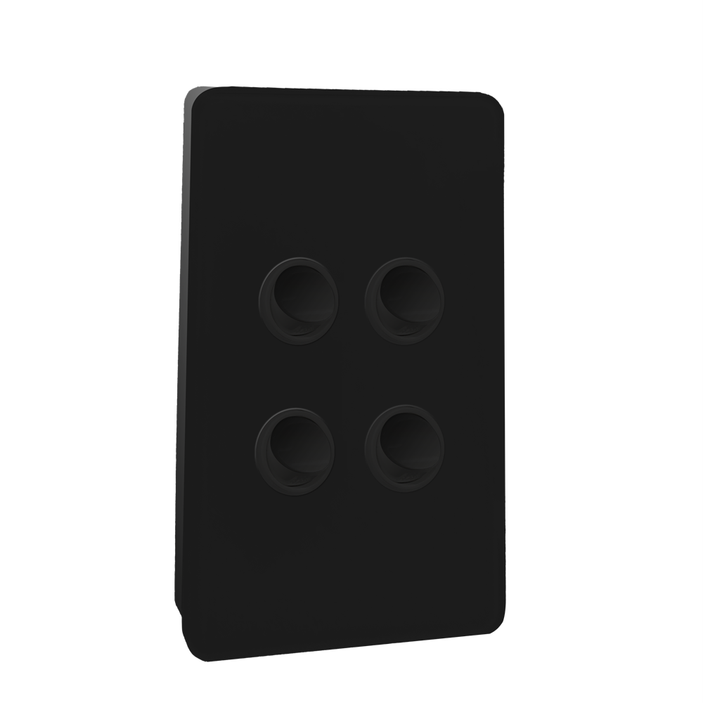 Kasta 240V 4 Gang Unison Rocker Switch Vertical Black rectangular wall plate with four round recessed sockets arranged in a 2x2 grid.