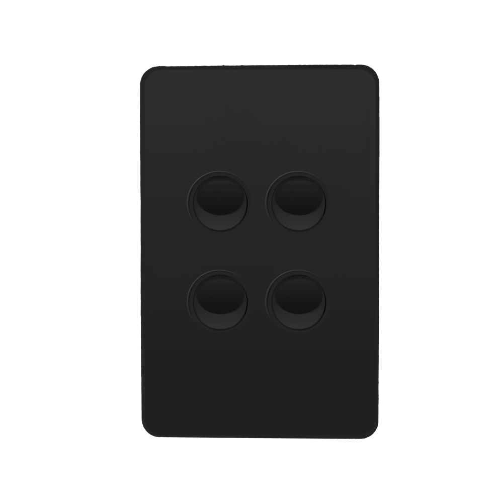 Kasta 240V 4 Gang Unison Rocker Switch Vertical Black four-button wall plate with four recessed circular buttons.