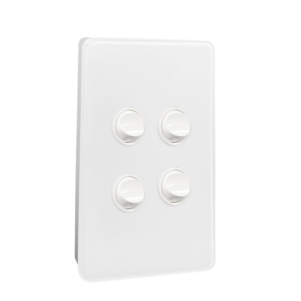 Kasta 240V 4 Gang Unison Rocker Switch Vertical White four-gang rotary dimmer switch plate with four round knobs