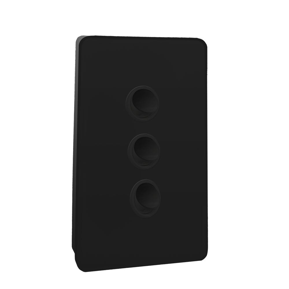 Kasta 240V 3 Gang Unison Rocker Switch Vertical Black vertical faceplate with three circular recessed sockets arranged in a column.