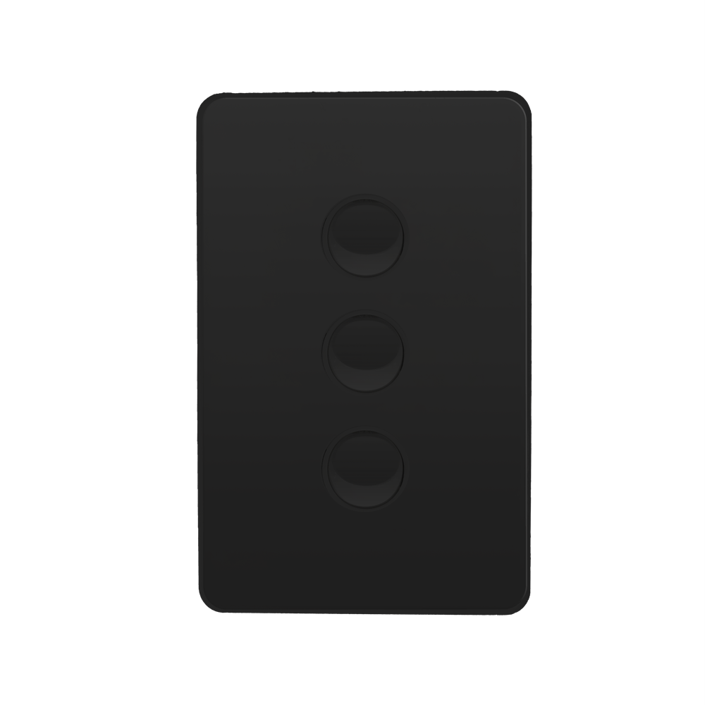Kasta 240V 3 Gang Unison Rocker Switch Vertical Black 3-gang wall plate with three circular push buttons.