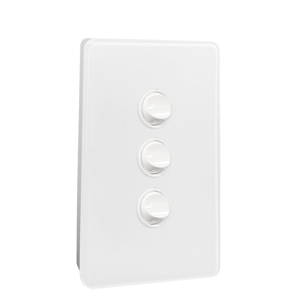 Kasta 240V 3 Gang Unison Rocker Switch Vertical White triple-gang light switch plate with three vertical toggle switches.