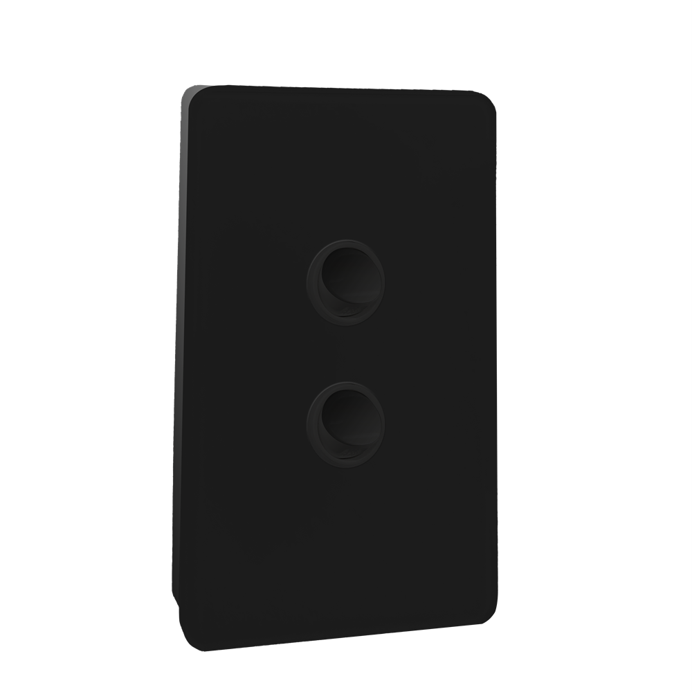 Kasta 240V 2 Gang Unison Rocker Switch Vertical Black rectangular wall plate with two vertically aligned circular openings.