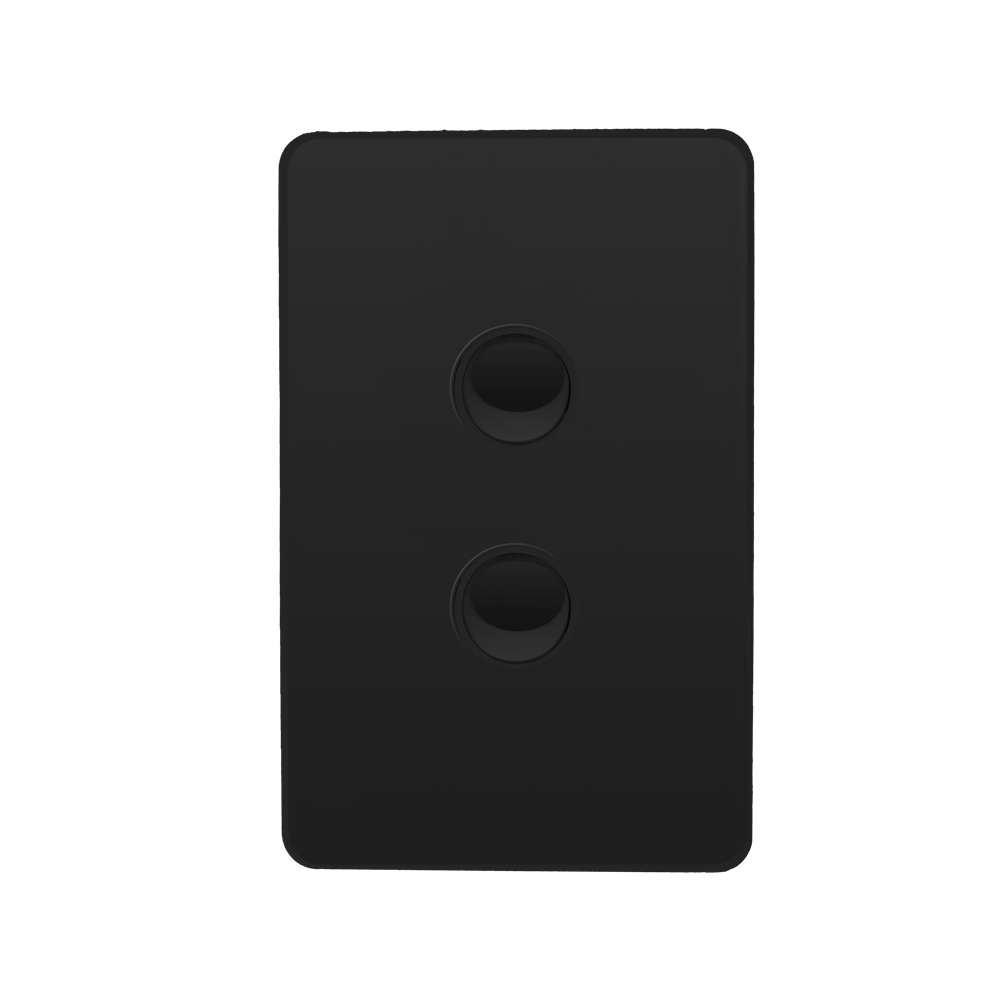 Kasta 240V 2 Gang Unison Rocker Switch Vertical Two-gang black wall switch plate with two circular knobs.