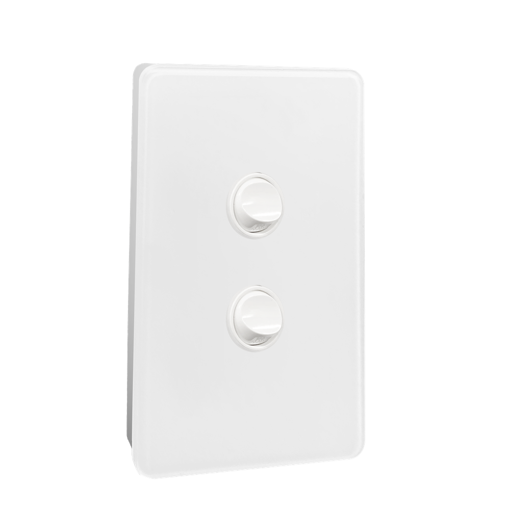Kasta 240V 2 Gang Unison Rocker Switch Vertical White double-gang wall plate with two circular rotary dimmer knobs.