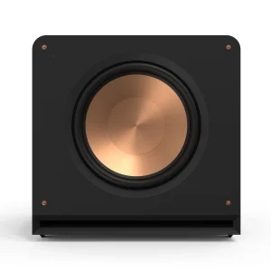 Black rectangular speaker with copper woofer, rounded corners, and visible screws on the front panel.