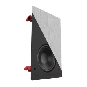 Speaker cabinet with a large round driver and a diagonal perforated metal grille with red mounting clamps.